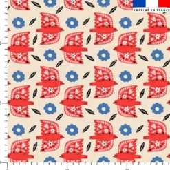 Aigle rouge fleuri et fleur bleu- Fond écru