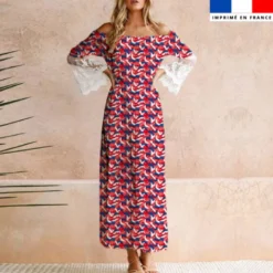 Aigle rouge fleuri et fleur bleu- Fond écru