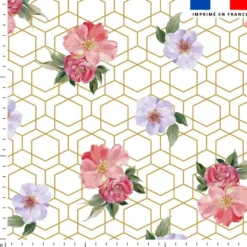 Alvéoles irrégulières dorées et fleur rose et lavande - Fond écru