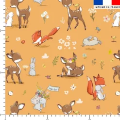 Animaux de la clairière faon et ses amis renard et lapin - Fond orange