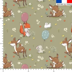 Animaux de la clairière faon renard et lapins - Fond vert sauge