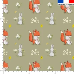 Animaux de la clairière renard et lapin câlin - Fond vert sauge