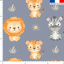 Animaux de la savane kawaii - Fond bleu gris