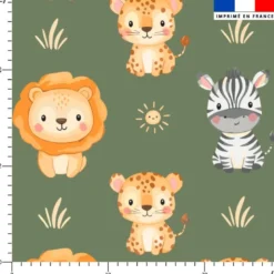 Animaux de la savane kawaii - Fond vert kaki