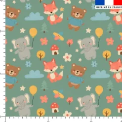 Animaux des bois effet cousu - Fond vert
