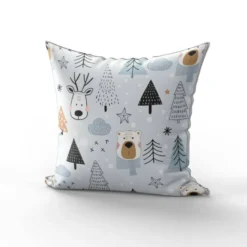 Animaux hiver ours et cerf - Fond bleu pastel