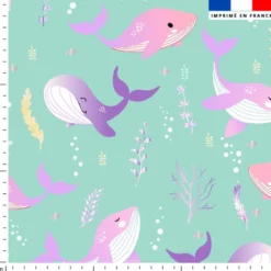 Baleine rose et violette - Fond vert d'eau
