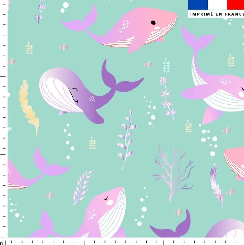 Baleine rose et violette - Fond vert d'eau