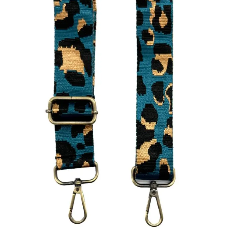 Bandoulière sangle léopard 38mm bleu canard et ocre