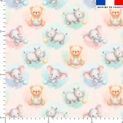 Bébé éléphant, rhino et ourson pastel - Fond écru