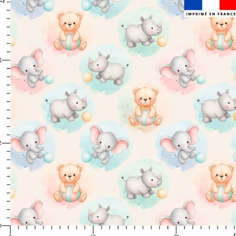 Bébé éléphant, rhino et ourson pastel - Fond écru