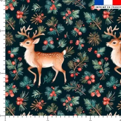 Biche et baie rouge de Noël - Fond bleu nuit