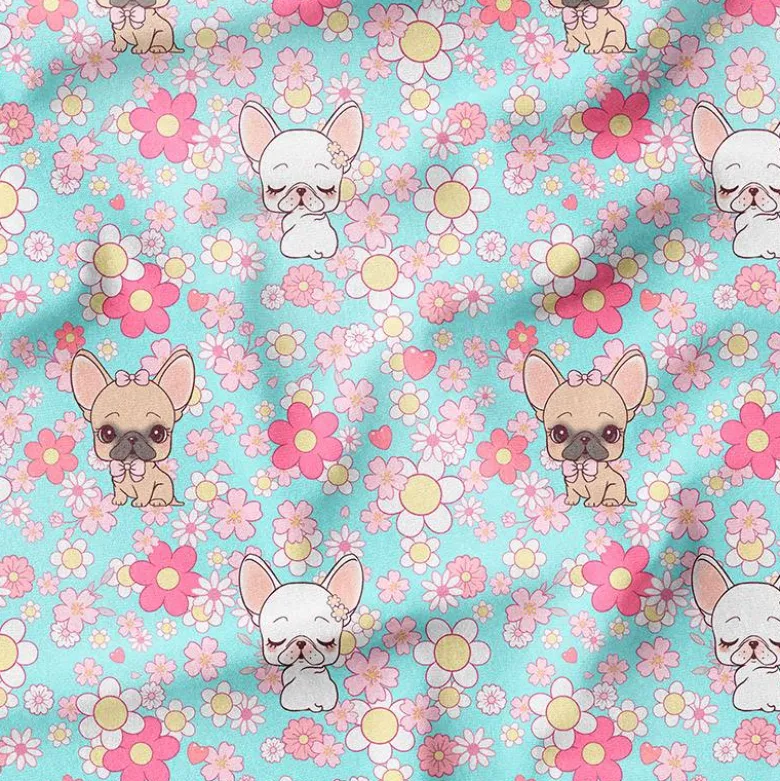 Bouledogue et fleurs roses - Fond bleu clair - Création Jolifox