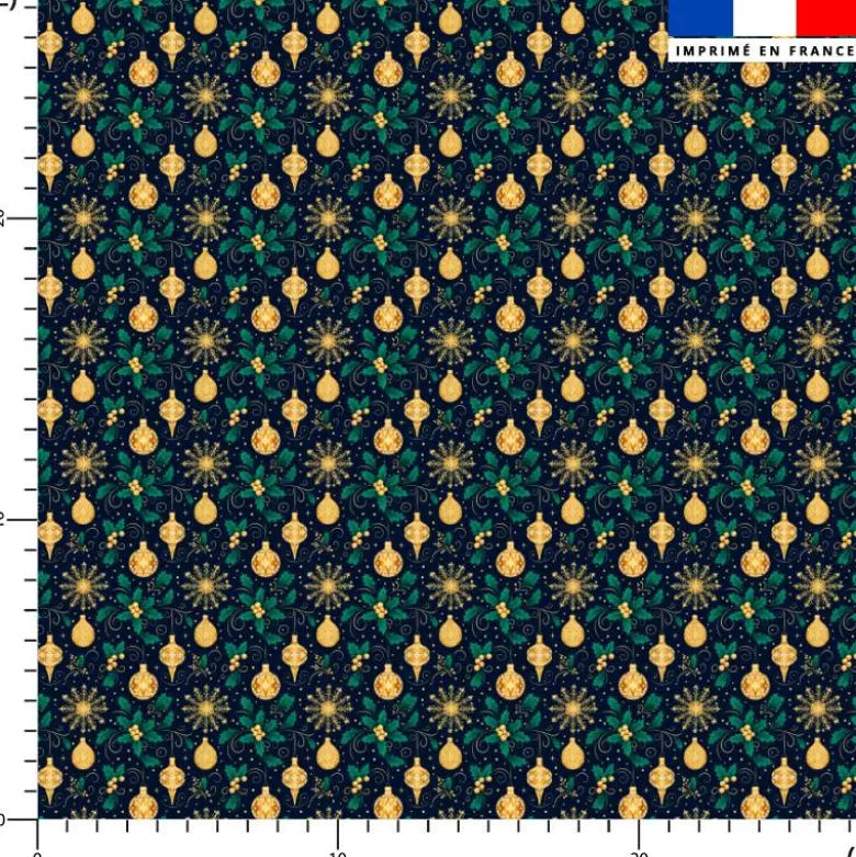 Boules de Noël or et houx vert - Fond bleu nuit