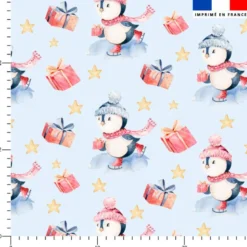 Cadeaux et pingouin de Noel - Fond bleu ciel