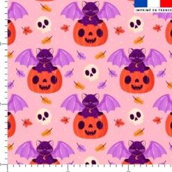 Chat chauve-souris et citrouille - Fond rose