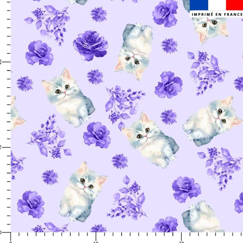 Chat et rose aquarelle violette - Fond violet pastel