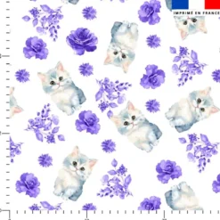 Chat et rose aquarelle violette - Fond blanc