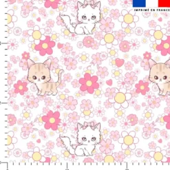 Chatons et fleurs roses - Fond blanc - Création Jolifox