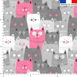 Chat souriant gris et rose - Fond blanc