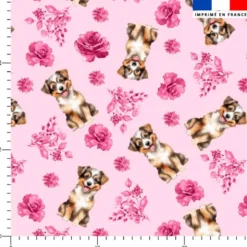 Chien et rose aquarelle rose fuchsia - Fond rose pastel