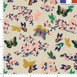 Chinoiserie papillons et cerisiers - Fond bleige - Création Andréa Leonelli