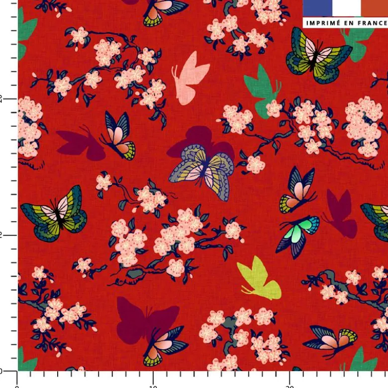 Chinoiserie papillons et cerisiers - Fond rouge - Création Andréa Leonelli