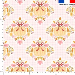 Citrouille ruban et feuilles douceurs d'automne pastel - Fond vichy rose