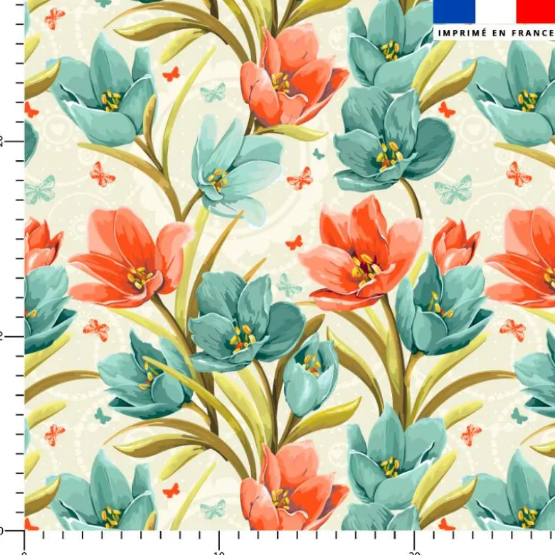 Coquelicot rouge et bleu - Fond crème