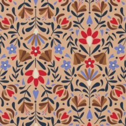 Coton beige motif fleurs rouges et bleues