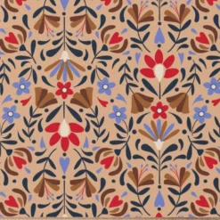 Coton beige motif fleurs rouges et bleues