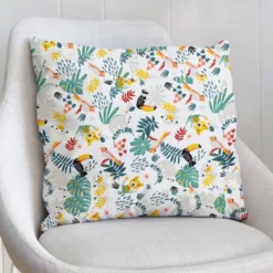 Coton blanc motif animaux de la jungle ocre et feuille tropicale papaya