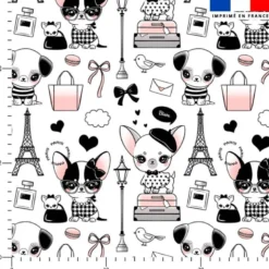 Coton blanc motif chiens à Paris - Création Jolifox