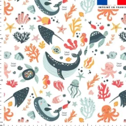 Coton blanc motif monde sous-marin