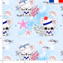 Coton bleu motif chihuahua marin - Création Jolifox
