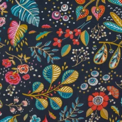 Coton enduit bleu nuit motif fleur multicolore