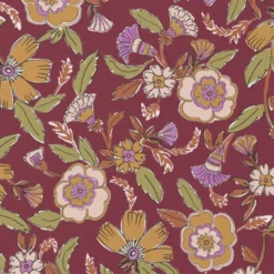Coton lie de vin motif fleurs beiges et ocres