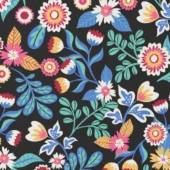 Coton noir motif fleurs multicolores