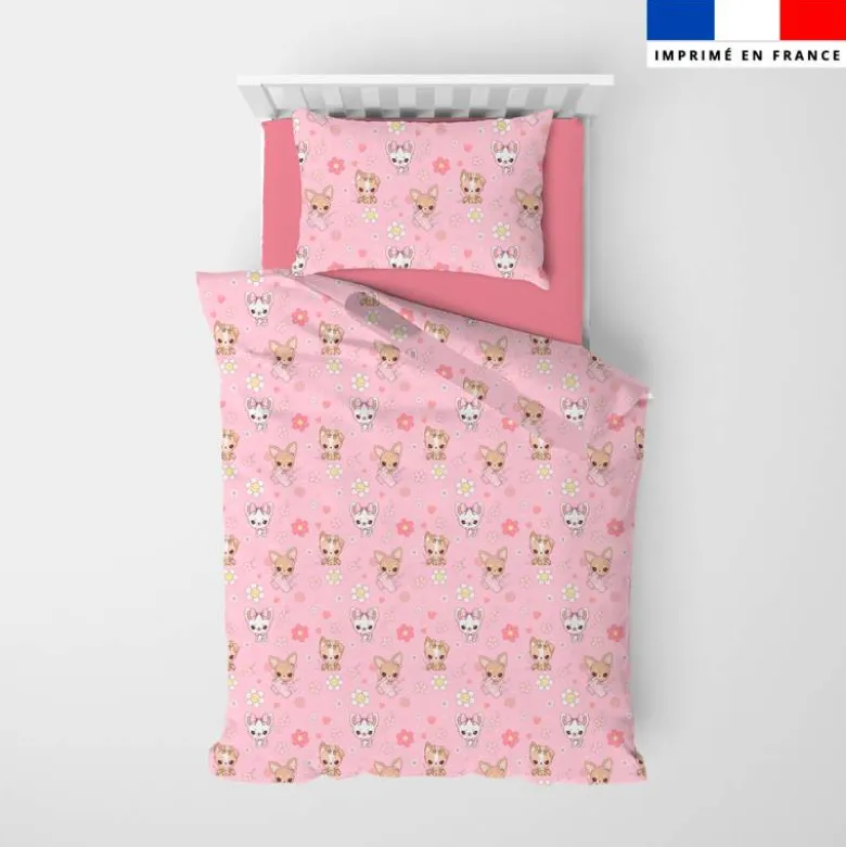 Coton rose motif chihuahua fleurs roses - Création Jolifox