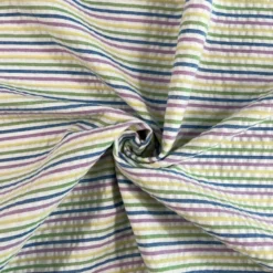 Coton seersucker à rayures bleu, vert, violet et jaune
