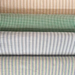 Coton seersucker à rayures bleu jean, bleu clair et beige