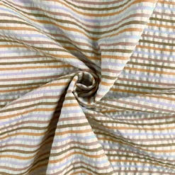 Coton seersucker à rayures marron, orange, rose et parme