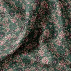 Coton vert foncé motif fleurs beiges noires et roses