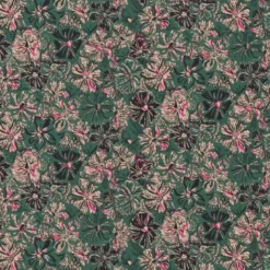 Coton vert foncé motif fleurs beiges noires et roses