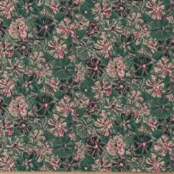 Coton vert foncé motif fleurs beiges noires et roses