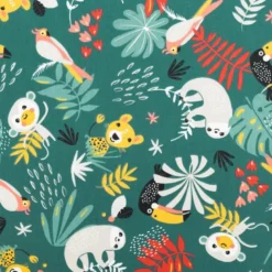 Coton vert motif animaux de la jungle et feuille tropicale papaya