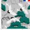 coupon - Coupon 100cm - Grue japonaise et éventail - Fond gris - Popeline de coton peigné 120gr/m² - 145 cm