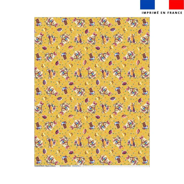 Coupon couverture bleu imprimé mini poule et oeufs de Pâques jaune - Création Stillistic