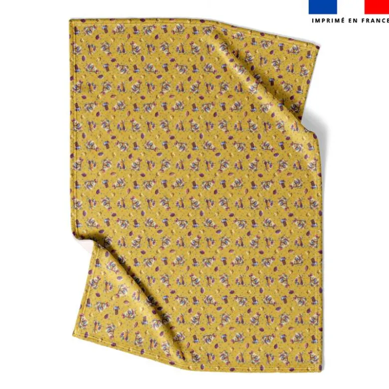 Coupon couverture bleu imprimé mini poule et oeufs de Pâques jaune - Création Stillistic