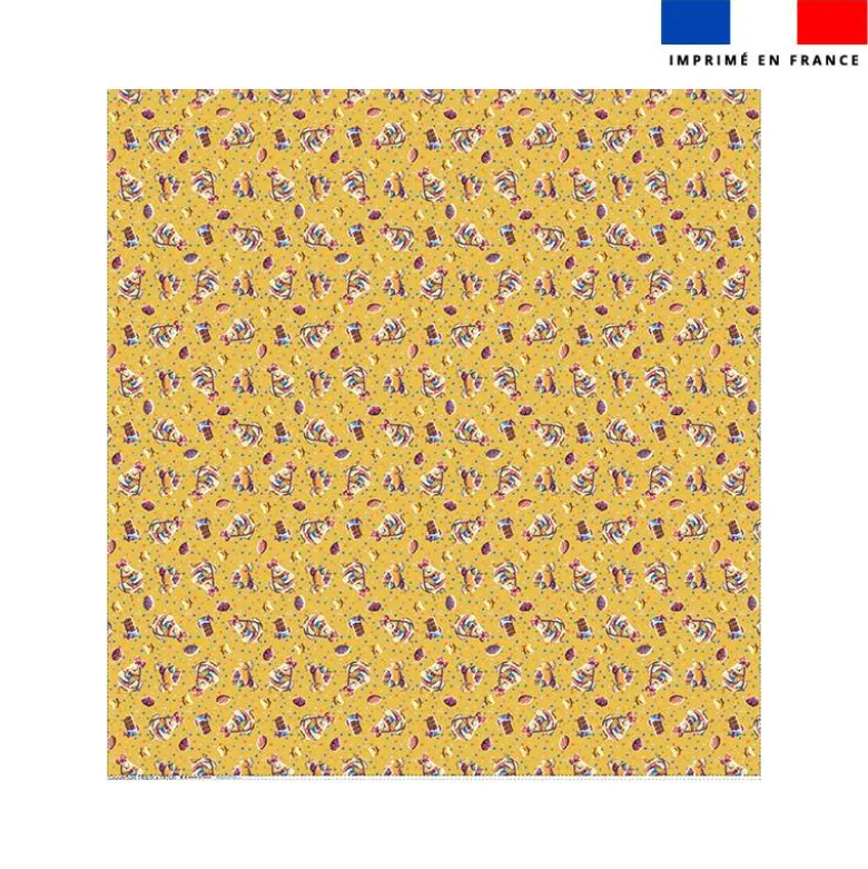Coupon couverture bleu imprimé mini poule et oeufs de Pâques jaune - Création Stillistic